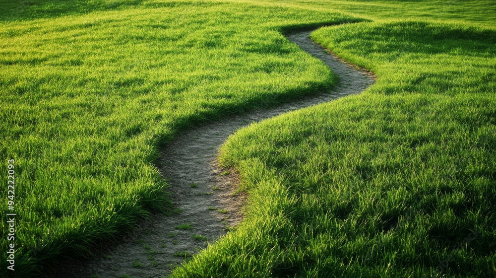 A grassy field with a path that winds through it A grassy field with a path that winds through it
