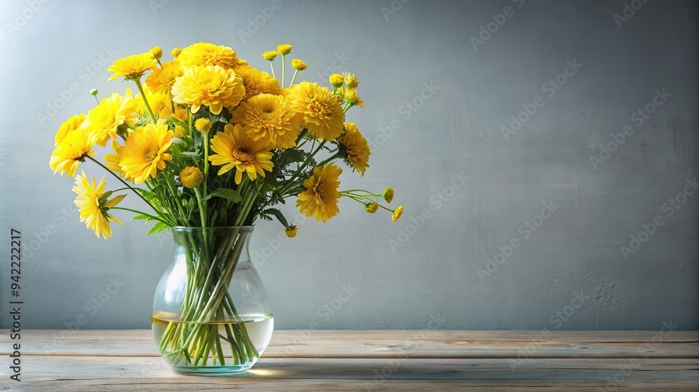 Realistic illustration of yellow flowers bouquet in a glass vase, 3d composition. Copy space Realistic illustration of yellow flowers bouquet in a glass vase, 3d composition. Copy space