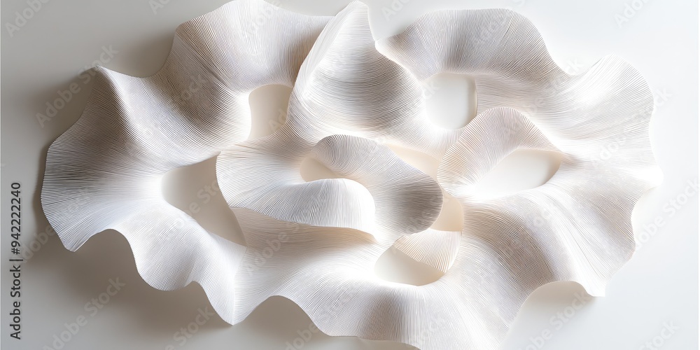 Intricate wall sculpture crafted from white paper showcases a mesmerizing interlocking design with flowing vertical lines, creating a captivating visual experience in contemporary art Intricate wall sculpture crafted from white paper showcases a mesmerizing interlocking design with flowing vertical lines, creating a captivating visual experience in contemporary art