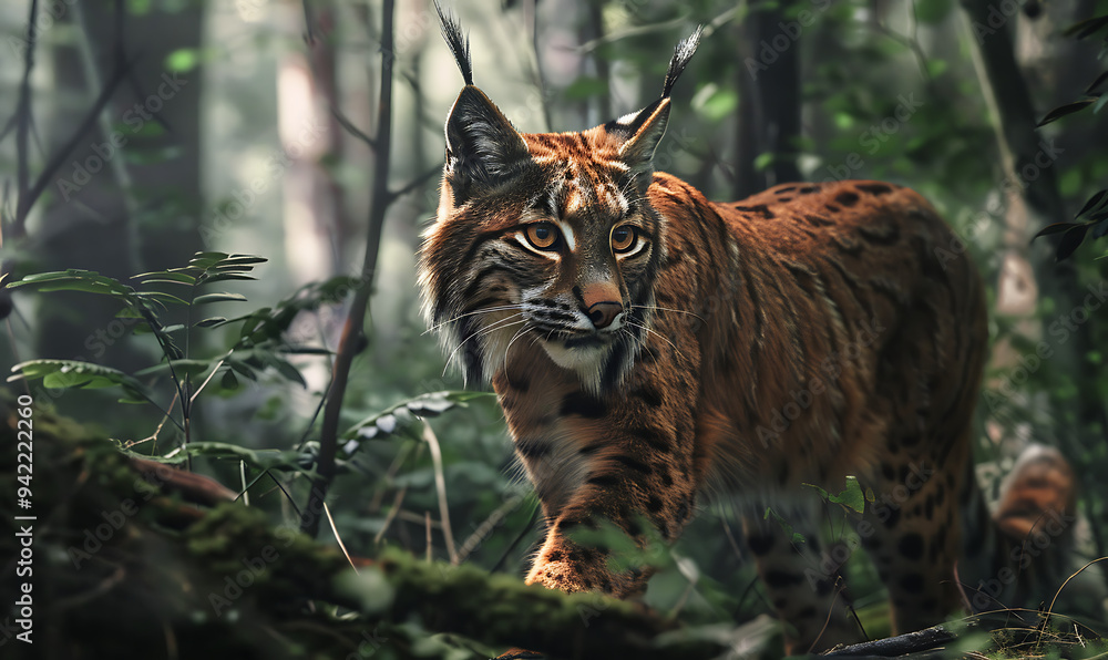A Lynx is Waking Through a Dense Forest, Stealthily Moving Among the Underbrush with Its Sharp Eyes and Ears Alert, Embodying the Wild Elegance of Nature A Lynx is Waking Through a Dense Forest, Stealthily Moving Among the Underbrush with Its Sharp Eyes and Ears Alert, Embodying the Wild Elegance of Nature