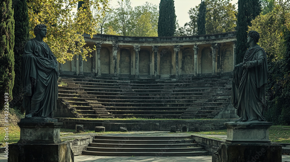 The image depicts an ancient amphitheater surrounded by lush greenery with towering trees and dense foliage. The stone structure features semi-circular, tiered seating made of weathered stone and an a The image depicts an ancient amphitheater surrounded by lush greenery with towering trees and dense foliage. The stone structure features semi-circular, tiered seating made of weathered stone and an a
