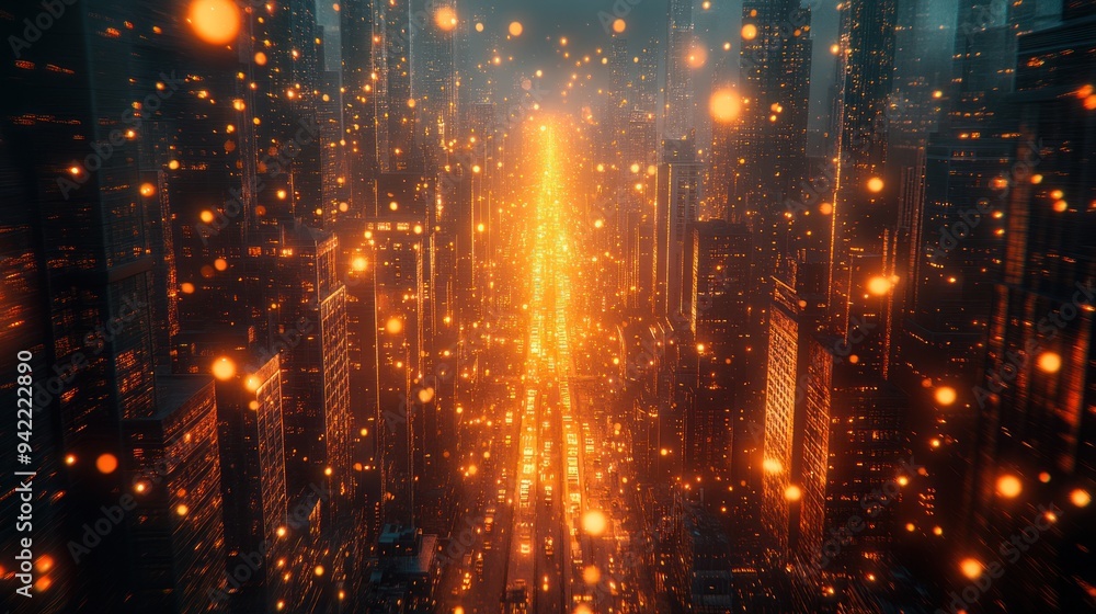 Fototapeta premium Cityscape with glowing lights and bright lights