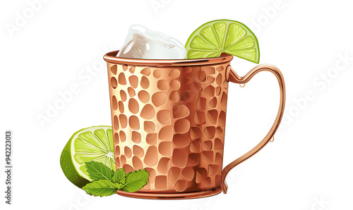 A Moscow Mule Cocktail with Vodka and Ginger Beer, Garnished with a Lime Wedge and Fresh Mint Leaves, Served in a Classic Copper Mug for a Refreshing and Stylish Drink