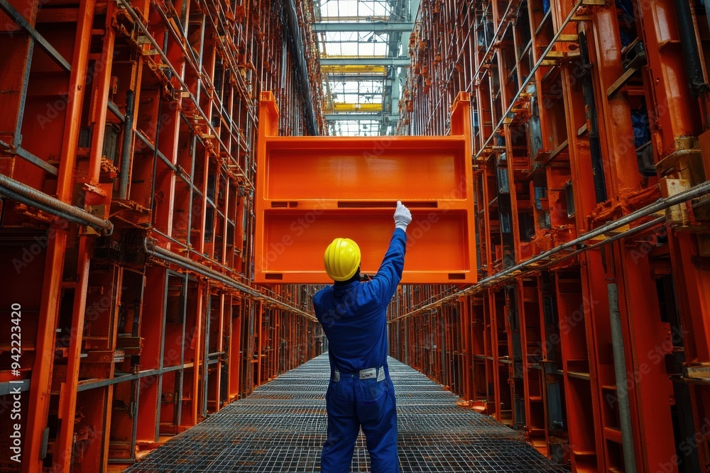worker in blue overalls and a yellow helmet is working on an orange metal structure worker in blue overalls and a yellow helmet is working on an orange metal structure