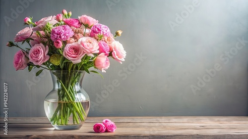 Realistic illustration of pink flowers bouquet in a glass vase, 3d composition. Copy space