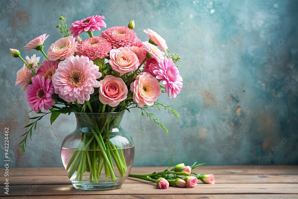 Realistic illustration of pink flowers bouquet in a glass vase, 3d composition. Copy space Realistic illustration of pink flowers bouquet in a glass vase, 3d composition. Copy space