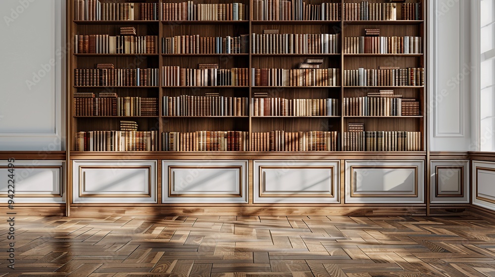 A classic wooden bookshelf filled with books stands against a white wall with wainscoting and wood flooring. A classic wooden bookshelf filled with books stands against a white wall with wainscoting and wood flooring.