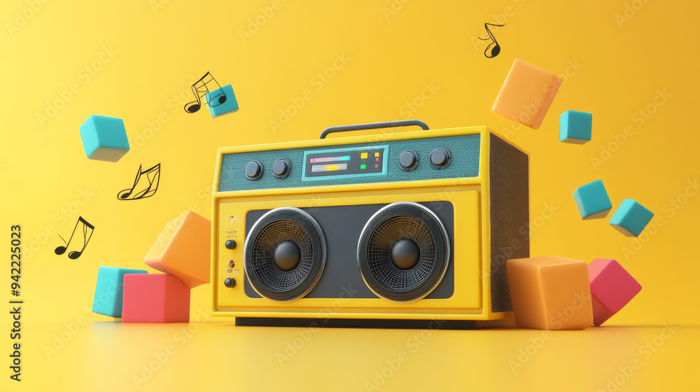 Obraz premium Yellow 3D boombox with cubes, sound amplifier, and notes.