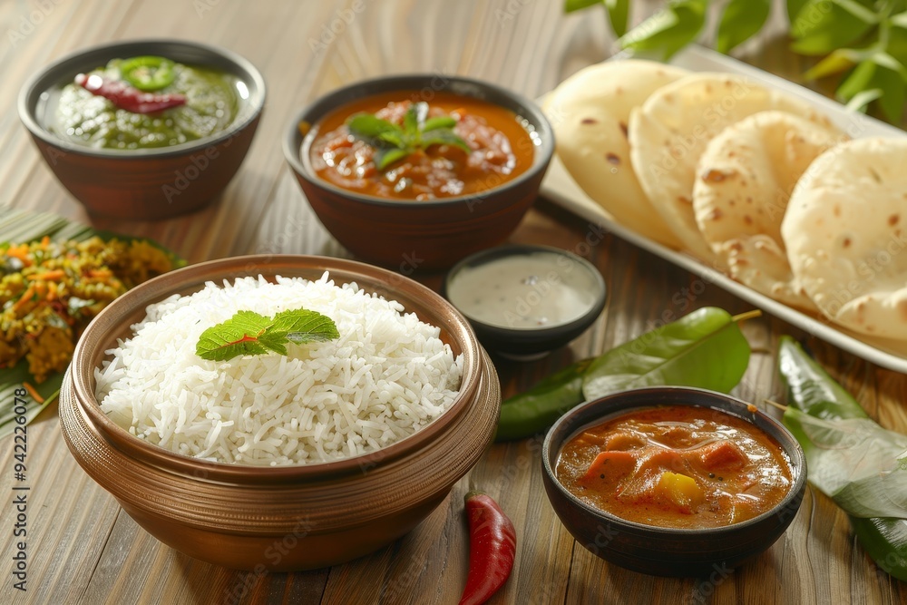A vibrant Indian meal featuring rice, curries, bread, and side dishes in traditional bowls. A vibrant Indian meal featuring rice, curries, bread, and side dishes in traditional bowls.