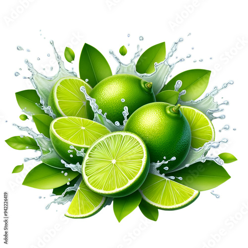 Fresh Limes Splashing with Leaves 