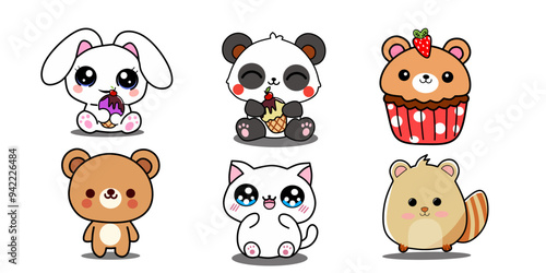 set of cute cartoon animals in kawaii style.. bunnies, teddy bear on cupcake, raccoon, kitten, panda
