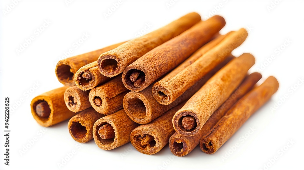 A pile of cinnamon sticks on a white background