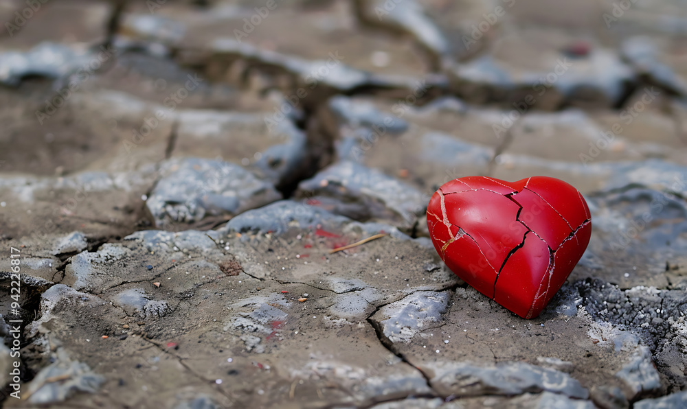 A Red Stone Heart Smashed in a Cracked Concrete Surface, Symbolizing a Powerful Metaphor of Brokenness and Resilience in a Raw and Emotional Urban Setting A Red Stone Heart Smashed in a Cracked Concrete Surface, Symbolizing a Powerful Metaphor of Brokenness and Resilience in a Raw and Emotional Urban Setting