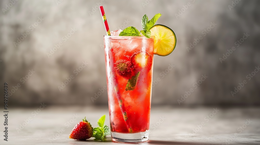 A vibrant strawberry cocktail in a tall glass evokes summertime bliss with fresh mint and lime. A vibrant strawberry cocktail in a tall glass evokes summertime bliss with fresh mint and lime.