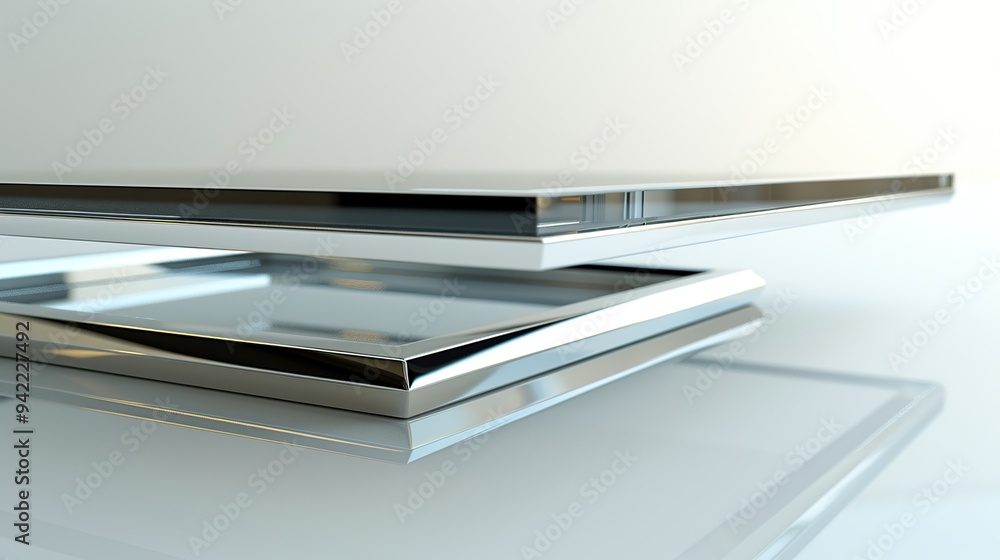 Two pieces of glass with a chrome trim, one on top of the other. Two pieces of glass with a chrome trim, one on top of the other.