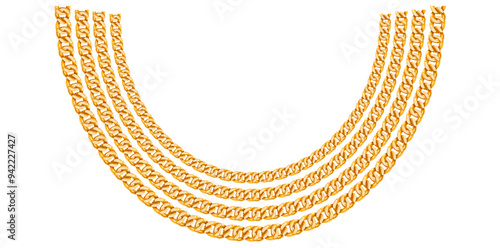 Multilayer Trendy Gold Chains On White Background, Unique Fine Jewelry Neck Design Vector Illustration.	