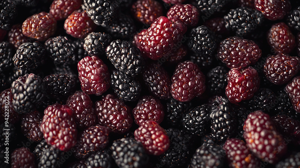 Raspberries in blackberry cluster, with blackberries atop and bottom Raspberries in blackberry cluster, with blackberries atop and bottom