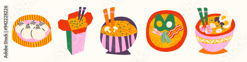 Asian cuisine traditional food retro style 90s. Noodles, ramen, national dishes. Japanese cafe bar restaurant. Vector stickers of national East Asian Japanese and Chinese cuisines