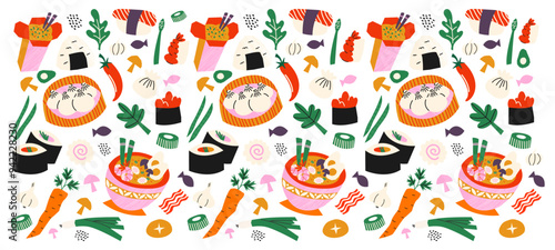 Asian cuisine cartoon pattern in retro 90s style. Food, dishes, ramen, noodles, sushi, traditional dishes. Japanese cafe bar restaurant. Vector shapes of national East Asian Japanese and Chinese