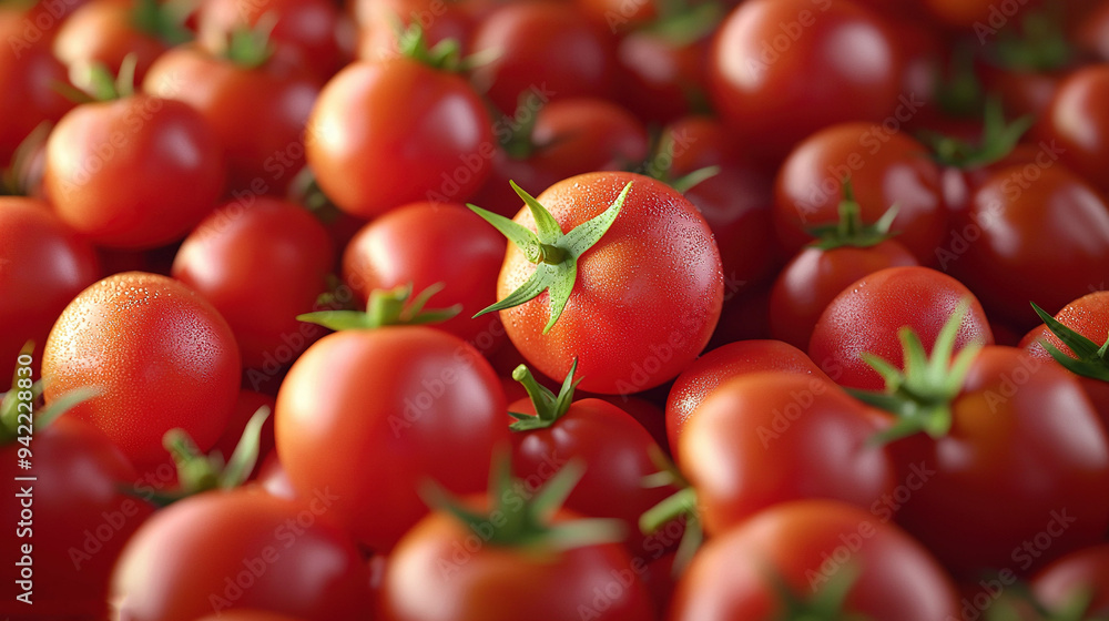 Close-up photo of multiple tomatoes with green stems at the top and bottom Close-up photo of multiple tomatoes with green stems at the top and bottom
