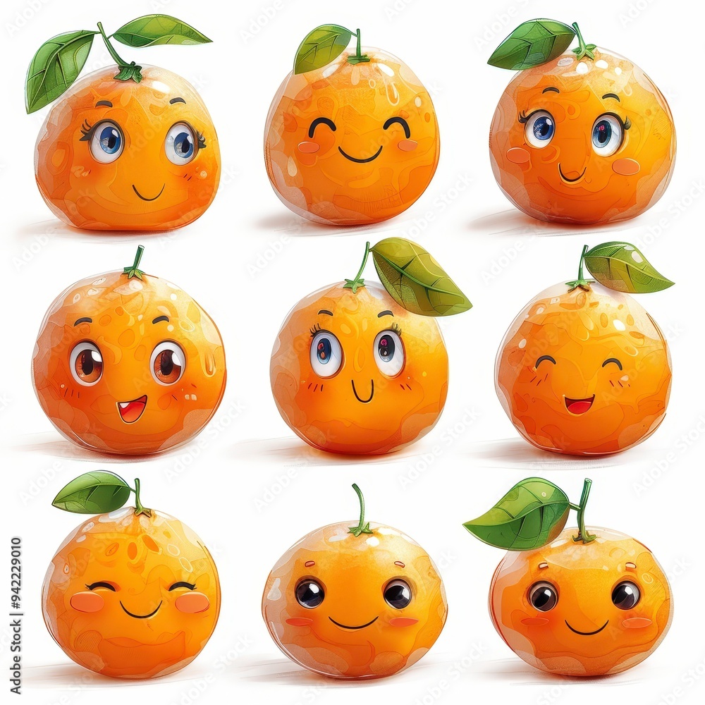A collection of cute, expressive cartoon oranges with various happy faces. A collection of cute, expressive cartoon oranges with various happy faces.
