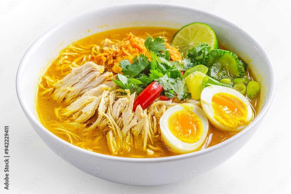 Chicken Soup, A popular Indonesian chicken soup, often featuring turmeric which gives it a yellow color. isolated on white background Chicken Soup, A popular Indonesian chicken soup, often featuring turmeric which gives it a yellow color. isolated on white background