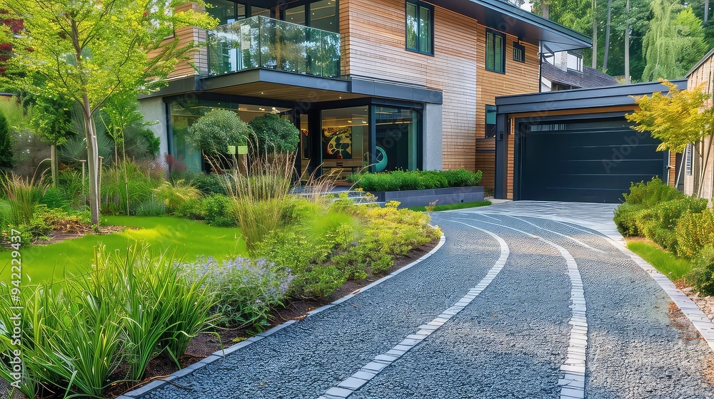 Fototapeta premium A modern home with a long winding driveway paved with gravel and white stones.