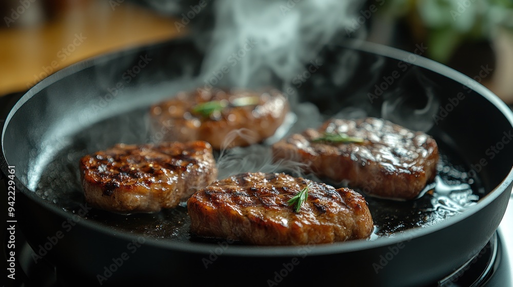 Fototapeta premium Sizzling Steaks in a Pan