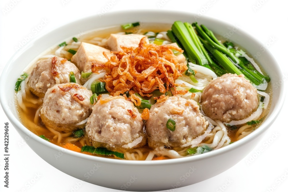 Fish Meatballs, Made from ground chicken, this lighter version of bakso is served similarly in a flavorful broth with noodles, tofu, and vegetables. isolated on white background Fish Meatballs, Made from ground chicken, this lighter version of bakso is served similarly in a flavorful broth with noodles, tofu, and vegetables. isolated on white background