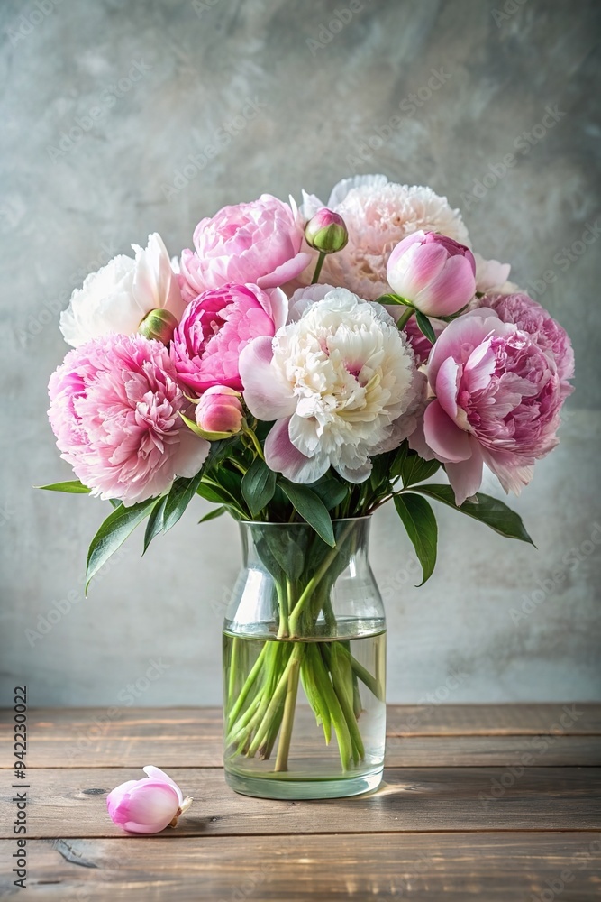 Realistic illustration of pink flowers peonies bouquet in a glass vase, 3d composition. Copy space Realistic illustration of pink flowers peonies bouquet in a glass vase, 3d composition. Copy space