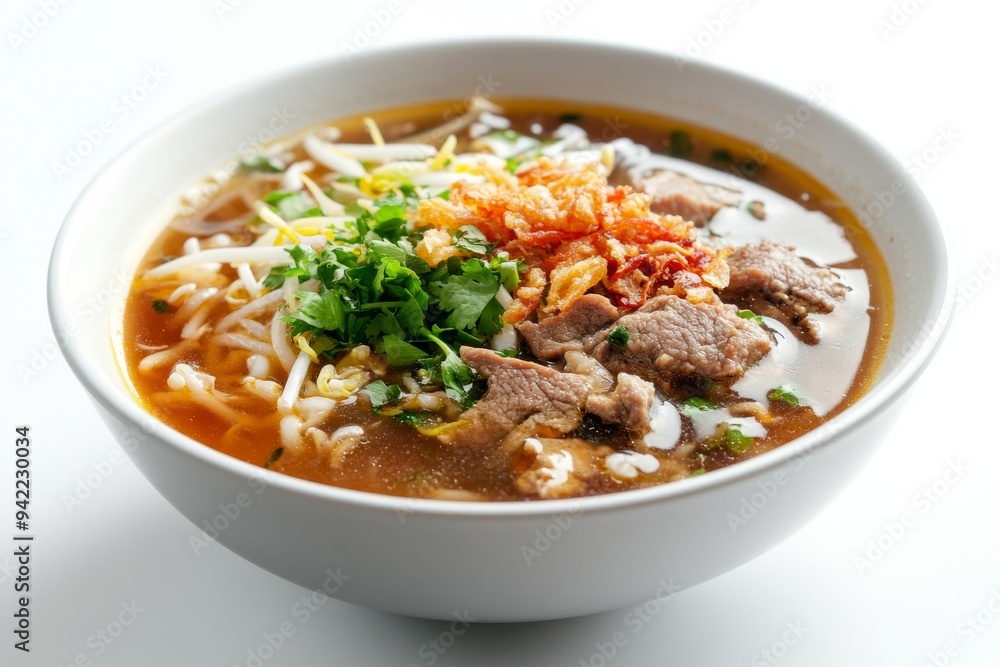 Kudus Soup, Originating from Kudus, Central Java, this soto is made with chicken or beef in a clear broth, typically flavored with garlic and coriander. isolated on white background Kudus Soup, Originating from Kudus, Central Java, this soto is made with chicken or beef in a clear broth, typically flavored with garlic and coriander. isolated on white background