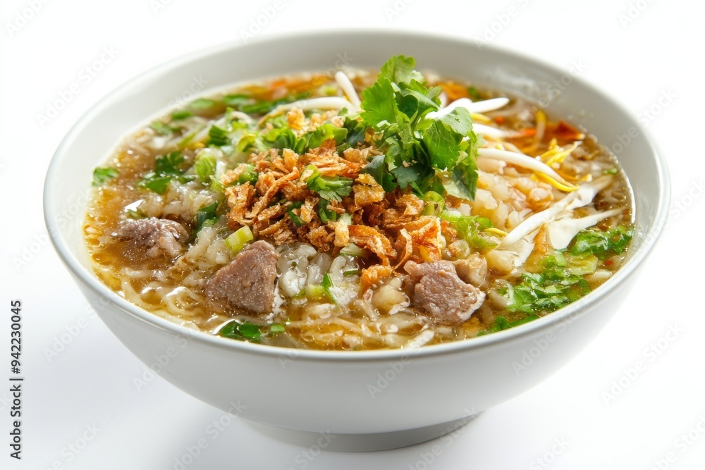 Kudus Soup, Originating from Kudus, Central Java, this soto is made with chicken or beef in a clear broth, typically flavored with garlic and coriander. isolated on white background