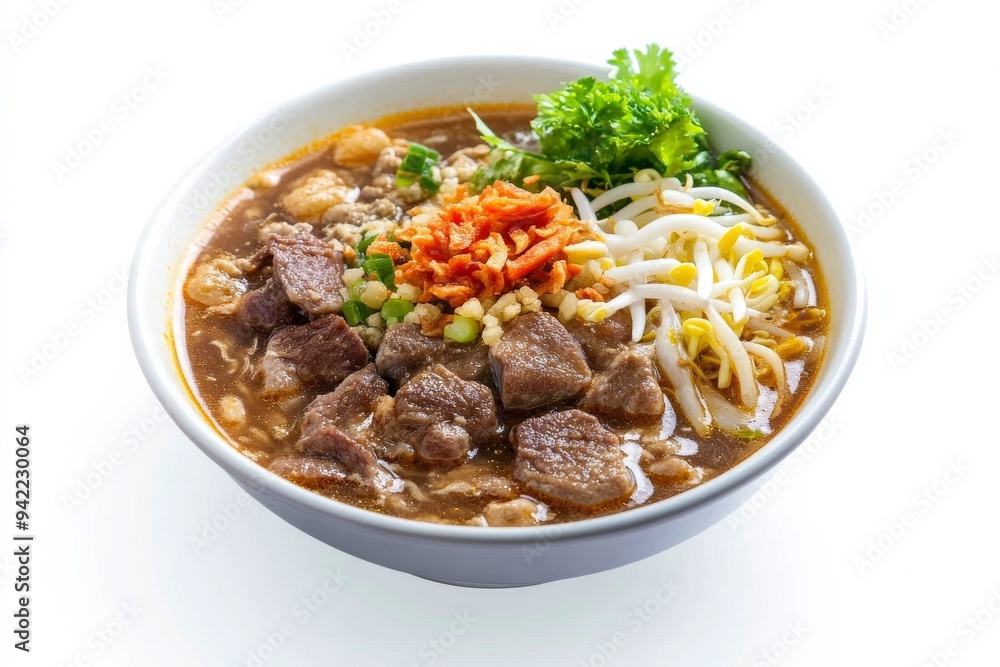 Kudus Soup, Originating from Kudus, Central Java, this soto is made with chicken or beef in a clear broth, typically flavored with garlic and coriander. isolated on white background