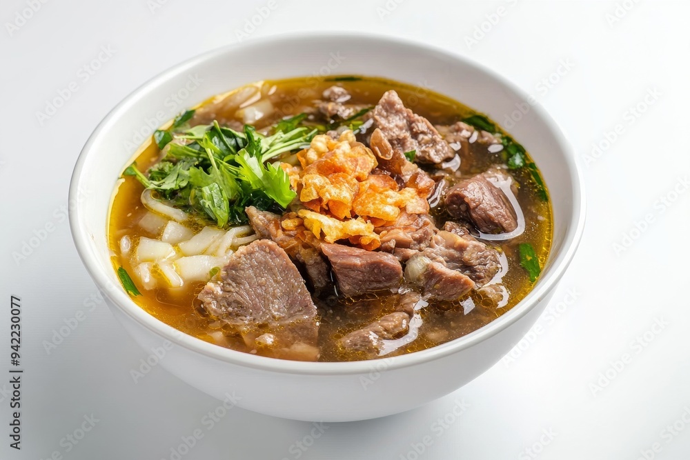 Kudus Soup, Originating from Kudus, Central Java, this soto is made with chicken or beef in a clear broth, typically flavored with garlic and coriander. isolated on white background Kudus Soup, Originating from Kudus, Central Java, this soto is made with chicken or beef in a clear broth, typically flavored with garlic and coriander. isolated on white background