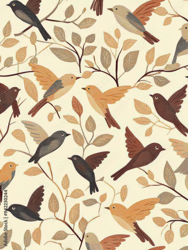Fototapeta premium A colorful, illustrated pattern features autumn leaves and British birds on a cream background. nature-inspired designs.