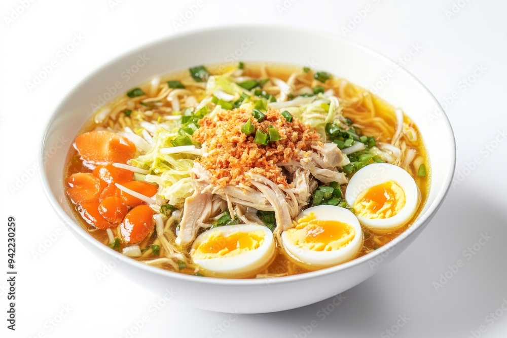 Lamongan Soup, A variant from East Java, made with shredded chicken, cabbage, vermicelli, and boiled eggs, in a clear and fragrant broth. isolated on white background Lamongan Soup, A variant from East Java, made with shredded chicken, cabbage, vermicelli, and boiled eggs, in a clear and fragrant broth. isolated on white background