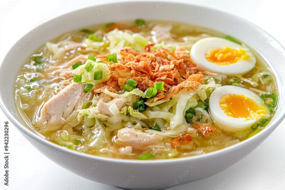 Lamongan Soup, A variant from East Java, made with shredded chicken, cabbage, vermicelli, and boiled eggs, in a clear and fragrant broth. isolated on white background Lamongan Soup, A variant from East Java, made with shredded chicken, cabbage, vermicelli, and boiled eggs, in a clear and fragrant broth. isolated on white background