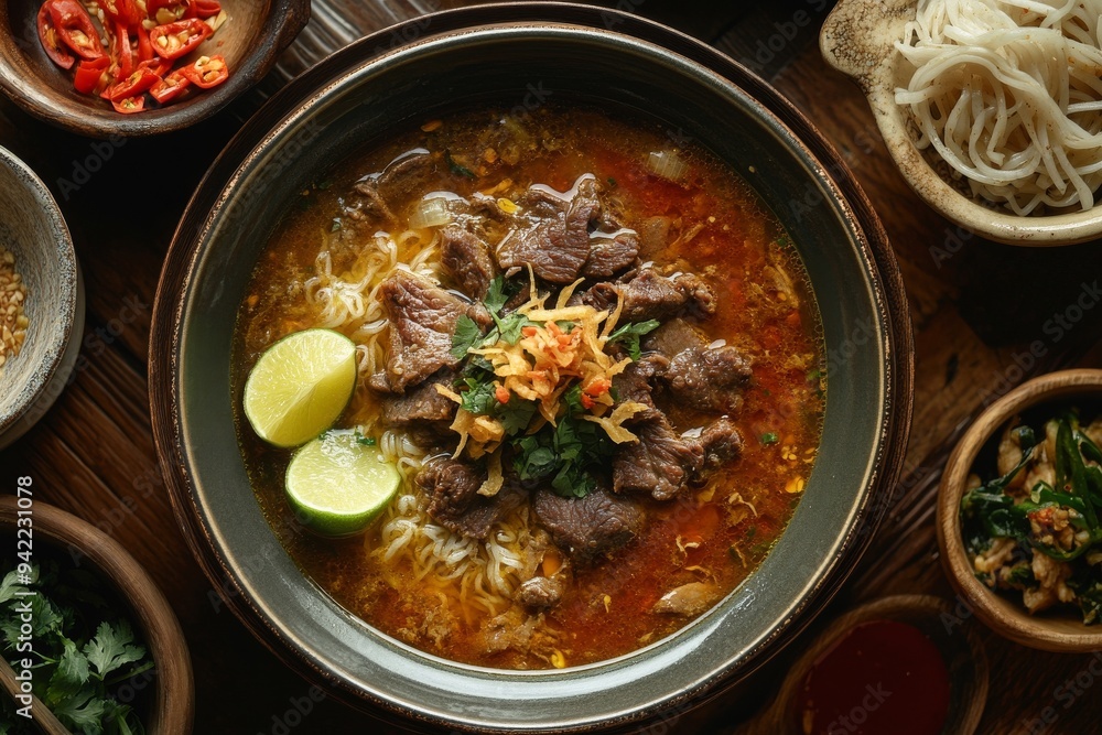 Padang Soup, A spicy beef soup from West Sumatra, featuring crispy fried beef slices, vermicelli noodles, and a rich, aromatic broth.