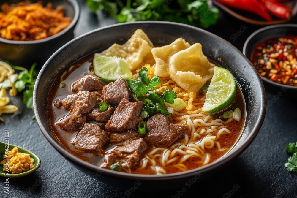 Padang Soup, A spicy beef soup from West Sumatra, featuring crispy fried beef slices, vermicelli noodles, and a rich, aromatic broth. Padang Soup, A spicy beef soup from West Sumatra, featuring crispy fried beef slices, vermicelli noodles, and a rich, aromatic broth.