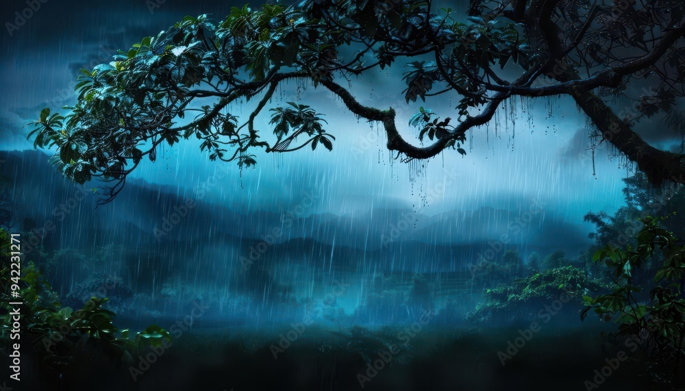 Monsoon season landscape with heavy rainfall, Fantasy, Lush, Watercolor, Highlighting dramatic transformation Monsoon season landscape with heavy rainfall, Fantasy, Lush, Watercolor, Highlighting dramatic transformation
