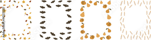 halloween frame set with autumn foliage, pumpkins, bats, and candles, vector illustration