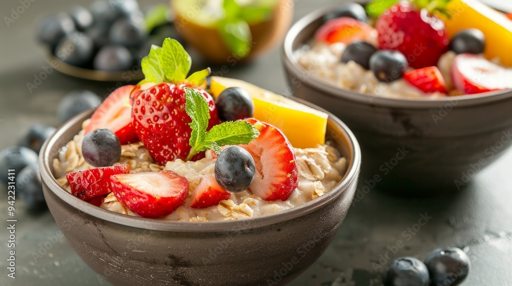 two bowls of oatmeal with fruits two bowls of oatmeal with fruits