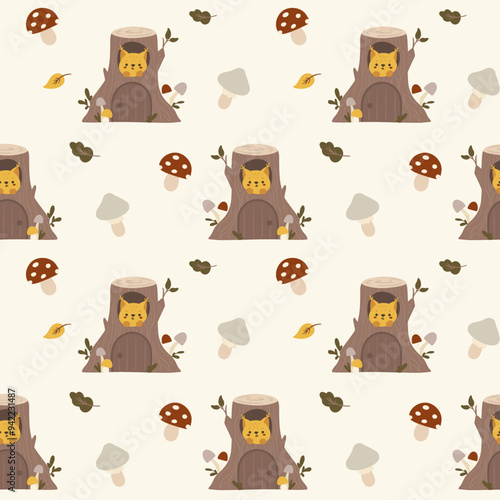 whimsical autumn seamless pattern with a cute squirrel in a tree hollow