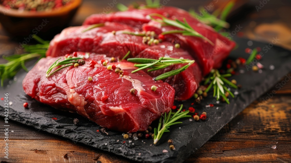 cuts of meat on a black plate cuts of meat on a black plate