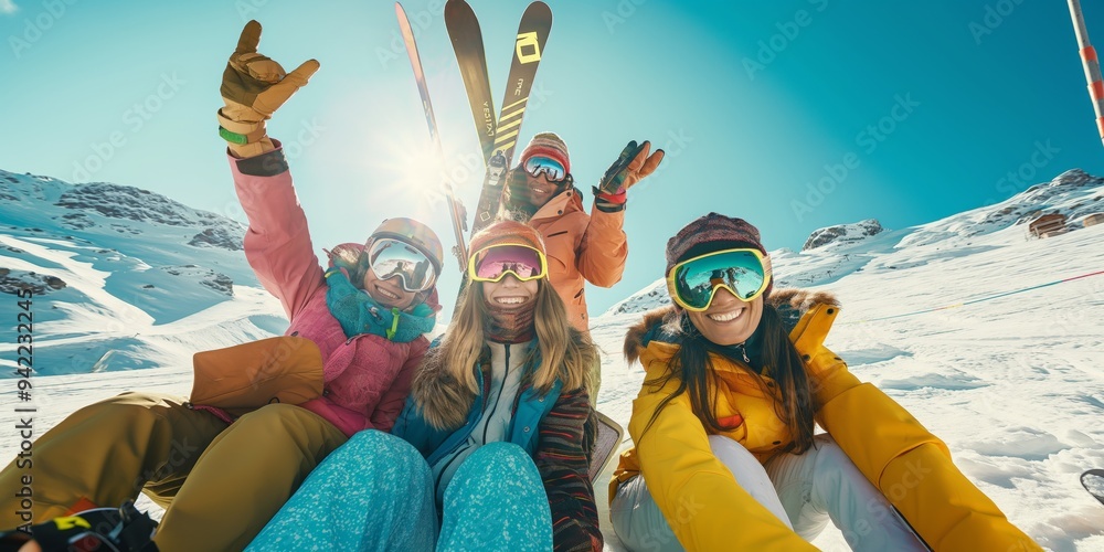 Obraz premium A group of friends enjoying a winter vacation in the mountains. They are dressed in warm ski gear and are having fun skiing and snowboarding on the snow-covered slopes under a bright, sunny sky.