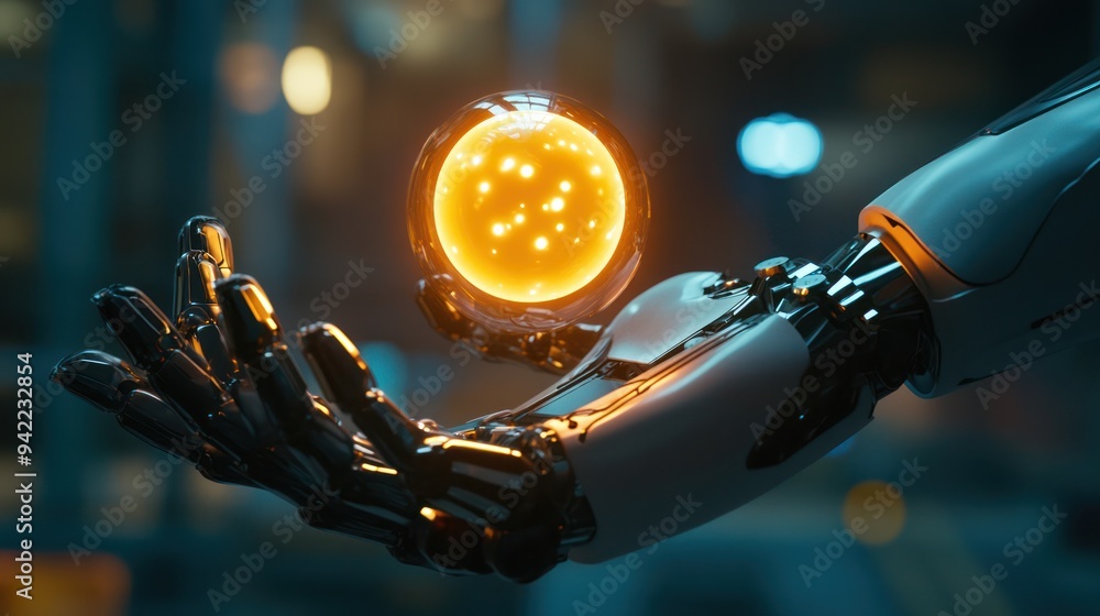 Naklejka premium Robotic Hand Holding Glowing Sphere