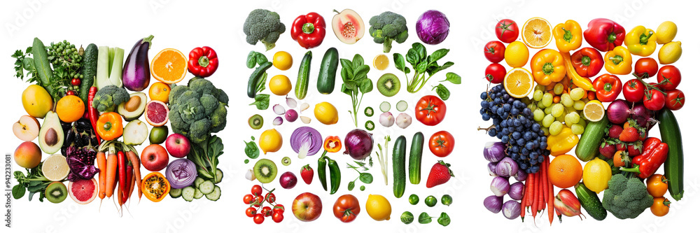 Set of A variety of colorful fruits and vegetables neatly arranged, showcasing healthy eating isolated on transparent background Set of A variety of colorful fruits and vegetables neatly arranged, showcasing healthy eating isolated on transparent background