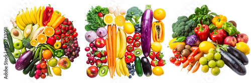 Set of A variety of colorful fruits and vegetables neatly arranged, showcasing healthy eating isolated on transparent background (4)