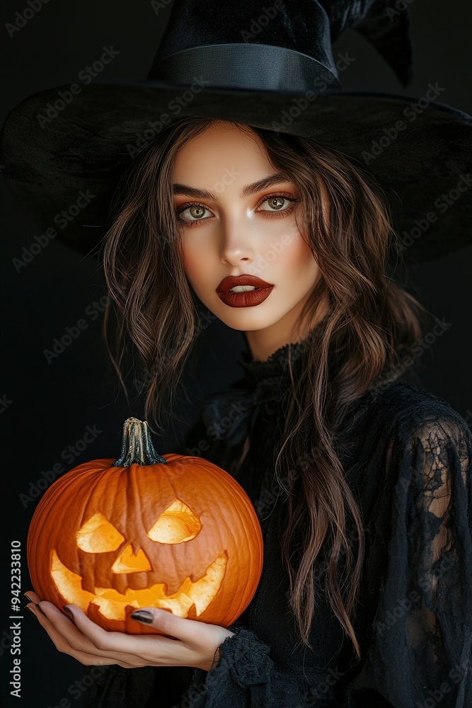 Sexy brunette woman in Halloween makeup and lingerie holds a pumpkin on black background. Halloween concept Sexy brunette woman in Halloween makeup and lingerie holds a pumpkin on black background. Halloween concept