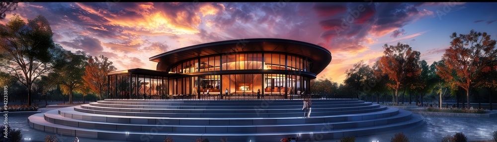Obraz premium Outdoor amphitheater with tiered seating, Fantasy, Open, Watercolor, Highlighting public gatherings